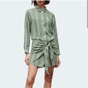 Zara The Zoe Dress Green Striped Tie Front Mini Button Down Shirt Dress Size NeW